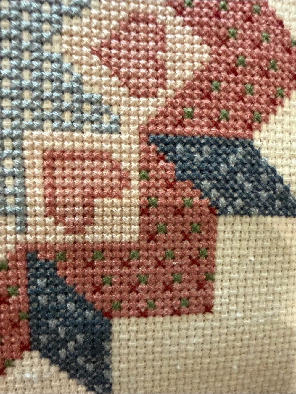 Vintage Handmade Star Quilt Cross-Stitch Decorative Pillow - Blue & Dusty Rose
